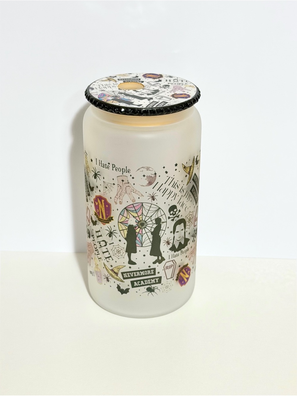 Nevermore Academy 16oz Frosted Can Glass Tumbler with Matching Lid